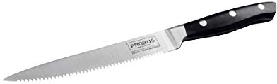 Probus 673103 Trinity - Coltello da cucina dentato, 24,5 cm, affilato a mano, con lama ondulata, coltello da cucina seghettato in acciaio INOX, manico in plastica POM, argento/nero