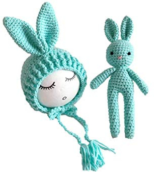Newborn Baby Crochet Knit Costume Photography Prop Baby Bunny Hat and Doll Set (Blue)