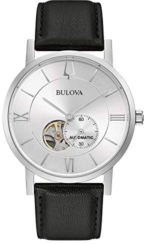 Bulova American Clipper - Orologio automatico da uomo, apertura aperta, Pelle nera/Acciaio inossidabile, Classico americano Clipper