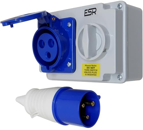 32A Interlocked Socket and 32 Amp Plug 3 Pin 2PE 240v Blue Wall Mount IP44 Switched