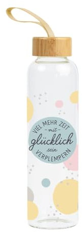 Grafik-Werkstatt Trinkflasche aus Glas mit lustigem Spruch | mit Griffschlaufe | 550 ml | Glücklich sein, Bunt