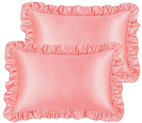 PiccoCasa Kissenbezug Satin Pillowcase 2er Set Kopfkissenbezüge mit rüschen kuschelig Hotelverschluss als Dekokissenbezug für Wohnzimmer Schlafzimmer Sofa Deko Rosa 40x60cm