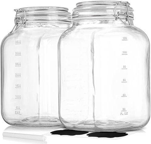 2 Pack 1 Gallon Square Super Wide-Mouth Glass Jars with Airtight Lids - Glass Storage Jars with 2 Measurement Mark - Canning Jars with Large Capacity, Sturdy For Canning, Overnight Oats, 4200 ML