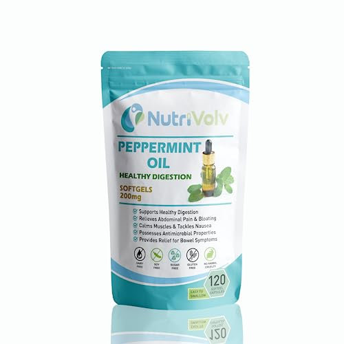 Nutrivolv Peppermint Oil 200mg | 120 Softgels | Fast Stomach & Bowel Relief | Healthy Digestion Support | Natural Peppermint Oil | Gelatine Capsules for Bloating, IBS, Gas, Nausea & Indigestion