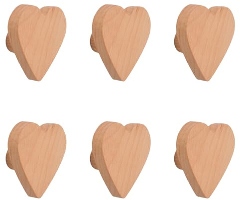 MOROBOR 6 pièces Poignées en Bois en Forme de Cœur Simple Trou en Bois de Hêtre Poignées de Placard d’Armoire en Bois Poignées pour Commode avec Vis et Tube d’Expansion