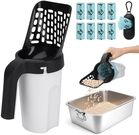 MYPIN Pelle à Litière pour Chat avec Support, Poubelle à Litière pour Chat avec 120 Sacs, Ramasse Crotte Chat de Grande Capacité(noir)