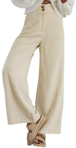 Imuedaen Cordhose Damen High Waist Weites Bein Hosen Freizeithose Lang Casual Locker Hose mit Taschen und Knöpfen (Beige, M)