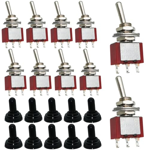 Mini Toggle Switch, Dujelixa Unilateral Reset Switch Electronics 3 Pins 2 Position, 6mm Panel Cut Out MTS-112 Momentary Switch 10 Pcs, Car Van Switch SPDT with M6 Waterproof Cap AC125V 6A(250V/3A)