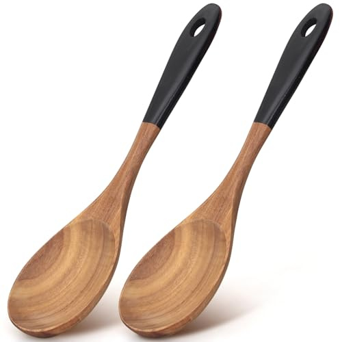 2 Pcs 12 Large Wooden Spoons for Cooking Utensils Acacia Wood Non Stick Serving Spoon for Baking Cooking Spatula Set Bamboo Teak Long Stirring Mixing Spoons Big Ladle Kitchen Tools Gift