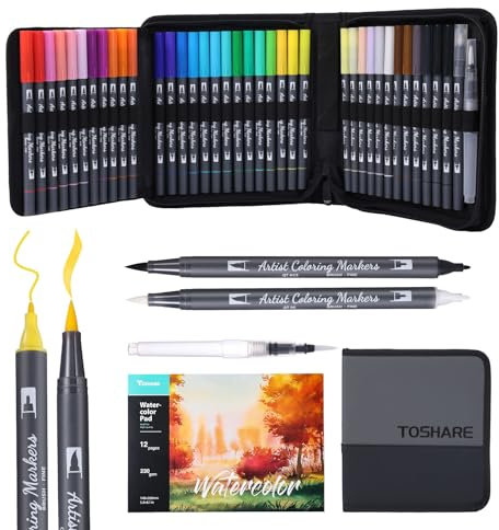 Watercolor Pens Set, 36-Color Dual Tip Professional Watercolor Markers for Adults, Water-Based Coloring Markers with 1 Aquapen, 1 Colorless Blender, 1 Black Marker, and 12-Page Pad, Art Supplies