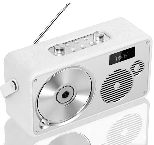 Lecteur CD Portable | chaîne HiFi stéréo | Enceinte Bluetooth rétro en Cuir | Radio FM/USB/entrée AUX | Batterie Rechargeable, Son Clair et Riche DSP, télécommande (LP-103)