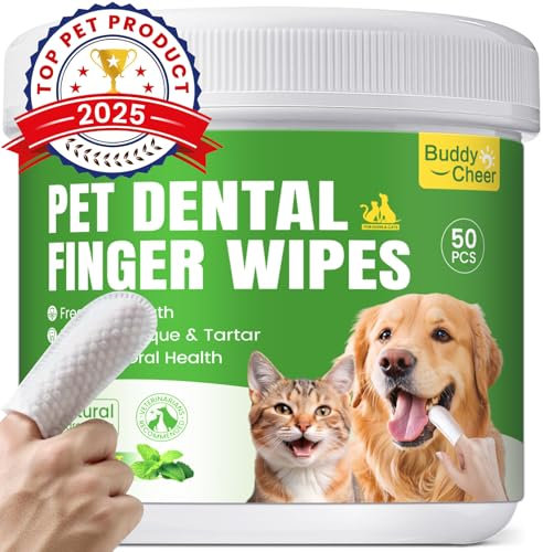 Pet Teeth Cleaning Wipes for Dogs & Cats, Pet Dental Finger Wipes for Dogs, No-Rinse Dog Toothbrush Toothpaste to Reduce Plaque & Tartar, Disposable Dog Tooth Brushing Kit - Mint Flavor - 50 Count