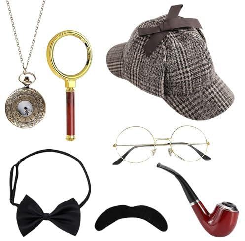 XEERUN Detektiv Kostüm Zubehör Set, 7PCS Sherlock Holmes Kostüm Accessoires, Sherlock Holmes Phantasie Kleid Kits, Detektiv Cosplay Requisiten für Karneval Maskerade Party, Personen ab 16 Jahren
