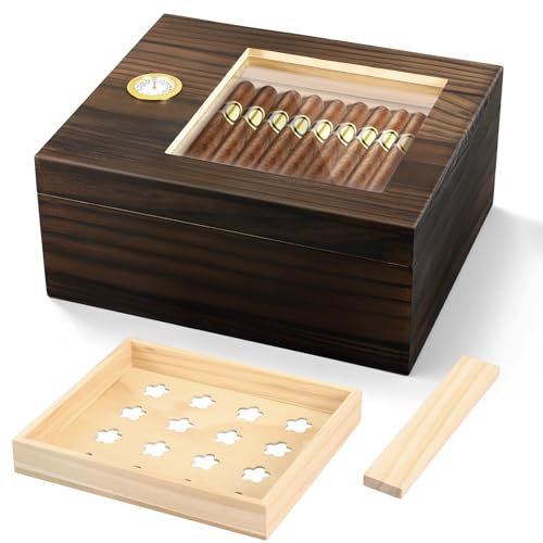 QCXWCJWD Wood Cigar Humidor with Hygrometer and Divider, Handcrafted Wood Storage Box Hold 30-50 Cigars, Super Sealing Desktop Humidor Box Gift for Men