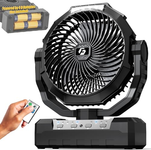 Wavmill Battery Operated Fan [200H Max], 2 in 1 D-Cell Battery & USB Powered Fans, Portable Camping Fan with 4 Speeds, Light, Timer, Remote for Outdoor Tent, Travel, Picnic, Office, Bedroom - Black