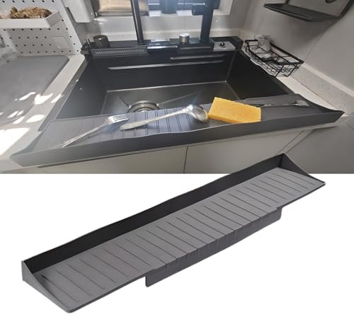 Silicone Sink Splash Guard - Water Protector for Kitchen & Bathroom Sinks, Bath Splash Guard with Suction Cups, Fits Stainless Steel, Granite & Ceramic Countertops(11x66cm,Black)