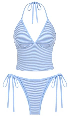 seamoly Women's Tankinis Striped Halter String Tie Side Tankini Set, Sky Blue, XL