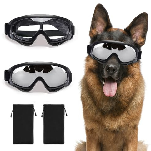 JIABEIUS 2 PCS Dog Goggles, Dog Sunglasses for Medium & Large Breed, Anti-UV Eye Protection Pet Glasses for Outdoor Hiking (Silver and Clear)