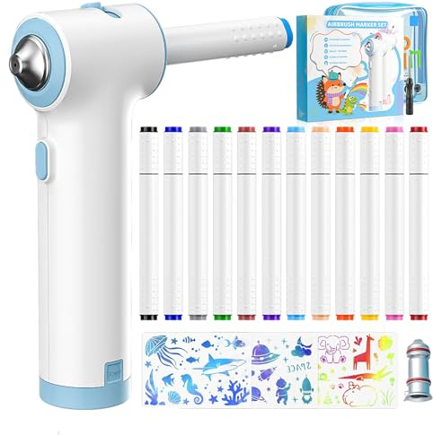 YAOBLUESEA Set di pennarelli per aerografo, con 12 pennarelli a doppia punta, 3 stencil, 1 aerografo, rimozione del colore lavabile, per bambini, pittura artistica e fai da te