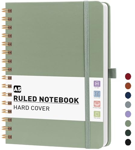PYNEX A5 Spiral Notebook, Hardcover Lined Journal for Women,140 Pages, Writing Notebook for Work, Study - Sage Green