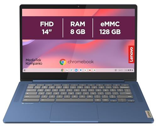 Lenovo IdeaPad Slim 3 Chromebook 14M868 - Ordinateur Portable 14'' FHD (MediaTek Kompanio 520, RAM 8Go, SSD 128Go, Arm Mali-G52 2EE MC2 GPU, Chrome OS) Clavier AZERTY Français - Bleu