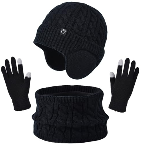 Kids Winter Beanie Hat Scarf Gloves Set, Warm Thermal Knitted Beanie Cap Snood Neck Warmer Touchscreen Mitten, Winter Accessories Set with Soft Fleece Lining, for Kids Age 4-11 (Black, One Size)