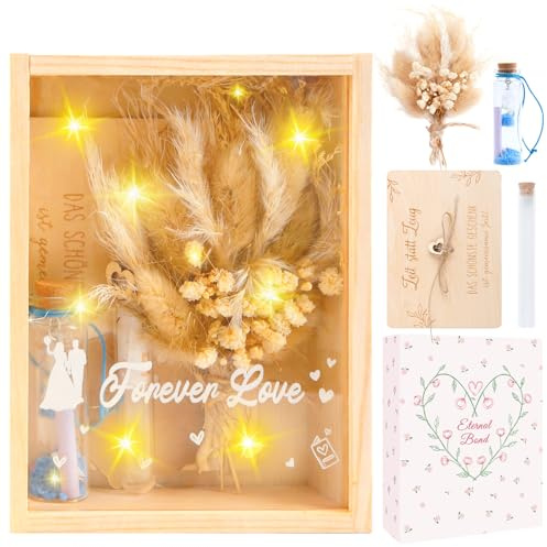 Caja Regalo Boda De Madera, Regalo De Dinero Para Bodas, Incluye Flores Secas,Cajas De Madera, Guirnalda De Luces, Pinza Para Billetes Y Botella Decorativa, Aniversario De La Boda
