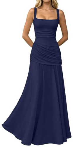 Robe de demoiselle d'honneur longue pour femme - Robe trapèze plissée - Robe de soirée élégante pour mariage - Robe de mariée sans manches - Robe de bal festive - Robe de cocktail, 01 bleu marine, XS