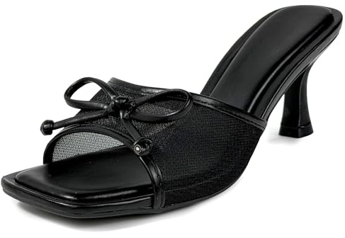 MISSCAI Mules Mujer Verano Punta Abierta con Lazo Sandalias Mujer Elegantes de Tacón 7,5 cm Sandalias de Tacón Punta Cuadrada en Malla Zapatos Mujer Boda Fiesta Noche Negro 38