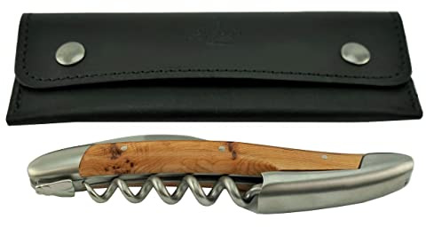 Forge de Laguiole - Juego de cuchillo de camarero (mango de enebro, acero inoxidable mate, funda de piel de color negro)