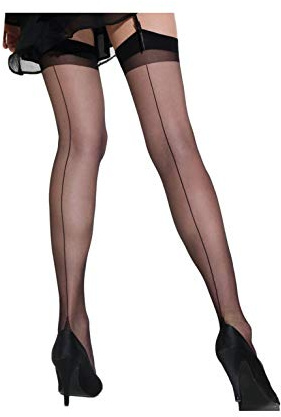 Mytoptrendz® Sheer Seamed Stockings for Suspenders, Cuban Heel Stockings with Reinforced Toes Vintage-Inspired-Suspender Thigh High Tights for Women (Black-Black seam - Medium)