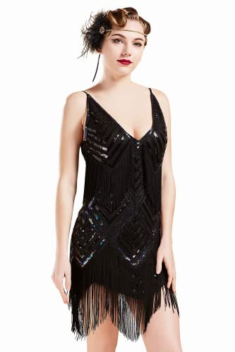 Coucoland Robe à Franges Années 20 - Costume Gatsby Vintage Col V Pailleté Sans Manches - Sexy Soirée Cocktail Charleston (Noire, XS)