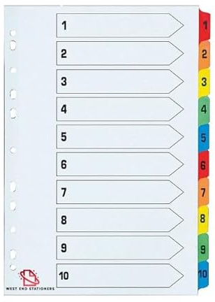 A4 1-10 Numbered Index Divider Multi Coloured Tabs (Pack of 5)