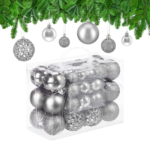 Relaxdays Weihnachtskugeln 50er Set, glitzernde, Matte & glänzende Christbaumkugeln, Kunststoff, ∅ 3, 4 & 6 cm, Silber