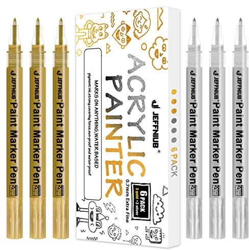 JEFFNIUB Stylo Feutre Acrylique Doré et Argent 6 Pièces, Marqueurs Acrylique Indélébile 0.7mm Pointe Fine Permanent pour Galet, Vitre, Bois, Textile, Album Photo Peinture