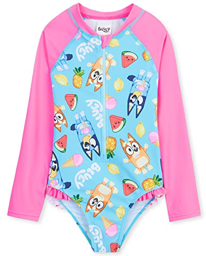 BlueY Maillot de Bain Fille Une Pièce Manches Longues ou Ensemble Rashguard Enfant et Bébé pour Plage Piscine Vacances (3-4 Ans, Rose/Bleu)