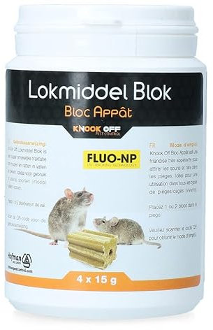 Knock Pest Control Lure Block für Maus & Ratte Fluo-NP - Ideal für den Einsatz in Fallen und Käfigen - Enthält einen fluoreszierenden Inhaltsstoff - um Mäuse und Ratten in Fallen zu Locken - 4x15g