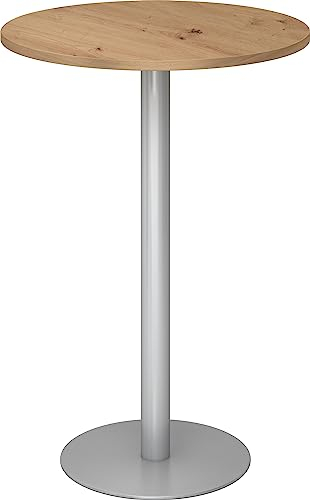 bümö Stehtisch Büro, Bistrotisch rund 80 x 80 cm - Bartisch Asteiche, Stehtisch Holz-Platte, Säule aus Metall in Silber, Buffettisch, Säulentisch, Partytisch, Thekentisch, Hochtisch, Barmöbel