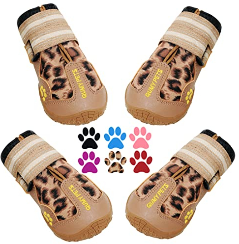 QUMY Hundeschuhe für große Hunde, mittelgroße Hundestiefel & Pfotenschutz für Winter Schneetag, Sommer heißer Bürgersteiger, Outdoor-Spaziergänge, Indoor-Hartböden Anti-Rutsch-Sohle Leopard Größe 1