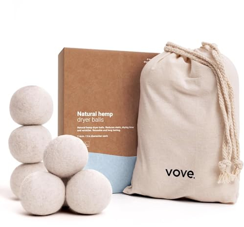Vove Lot de 4 boules de chanvre naturel pour sèche-linge avec gouttes de parfum personnalisées et mélange d'huiles essentielles – 5 fois plus absorbantes que la laine – Adoucissant naturel, réduit les
