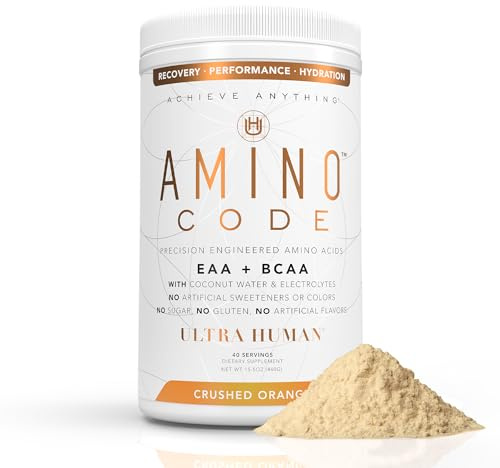 Ultra Human Amino Code | Essential Amino Acids + BCAAs + Coconut Water Electrolytes | Fast Hydration Workout Recovery Flavored Amino Energy Powder Drink | Clean Formula, 40 Servings - Crushed Orange
