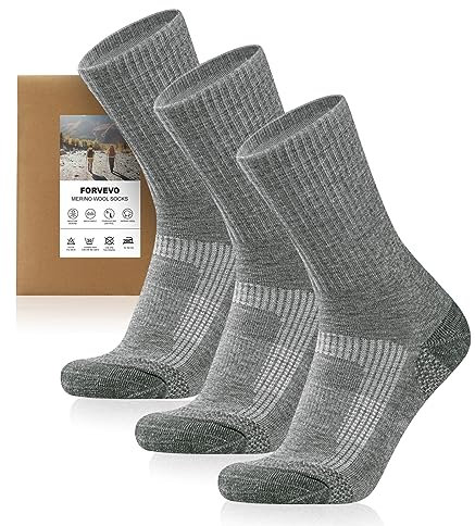 FORVEVO 3 Paar Thermosocken Herren 39-42 Grau, 60% Merinowolle Wandersocken Herren Atmungsaktiv, Wintersocken, Arbeitssocken für Trekking Outdoor