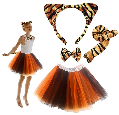 SKHAOVS 4 Pièces Set de Costume de Tigre Coiffure Oreilles de Tigre,Queue,Noeud, Tutu,Ensemble de Costumes pour Adultes Enfants Carnaval Déguisement Halloween Soirée Cosplay (Costume de Tigre)