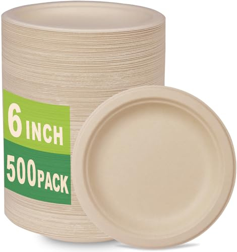 GreenWorks 500 Count 6“ Small Compostable Dessert Plates, Heavy-duty Unbleached Biodegradable Bagasse and Bamboo fiber Paper Plates