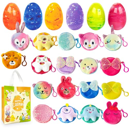 18PCS Bunte Marmor Ostereier vorgefüllt mit netter Geldbörse, Plüsch Cartoon Geldbörse Ostergeschenke für Mädchen Kinder Kleinkinder Osterspielzeug Korb Stuffers, Osterparty Bevorzugungen Supplies