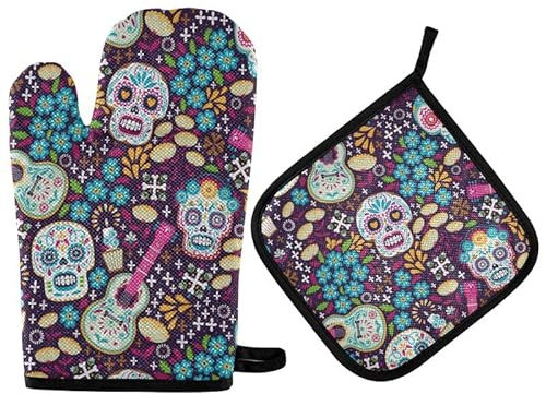 Mexican Sugar Skull Oven Mitts Pot Holder Set Day of The Dead Guitar Kitchen Decor Cooking Stove Gloves Heat Resistant Hot Pads Recycled for BBQ Baking Grilling