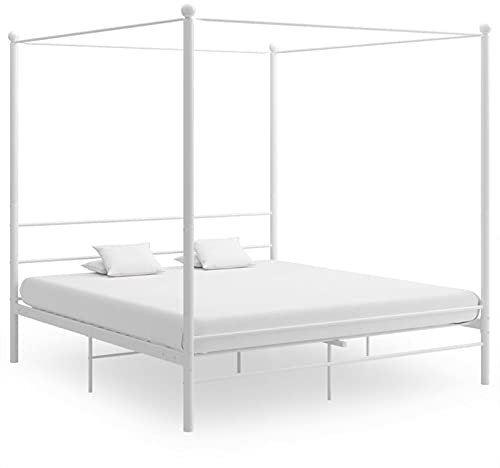Gecheer Bed Frame 4 Poster Bed Base White Metal 180x200 cm Super King Canopy Bed with Storage Underneath Bedroom Furniture