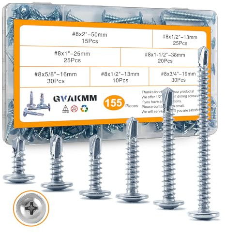 GVAKMM Sheet Metal Screws Assortment Kit,#8 Self-Tapping Screws Set for Metal,155pcs,6 Sizes(2'',1-1/2'',1'',3/4''，5/8'',1/2'')Modified Truss Head Zinc-Plated Self-Drilling Tek,for Wood,Metal,Plastic