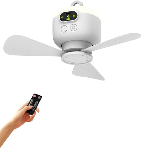 8000mAh Camping Ventilator Batteriebetrieben,intelligenter Deckenventilator mit Licht,USB Wiederaufladbar mit Fernbedienung,Aufhängehaken, Timer,3 Geschwindigkeiten für Outdoor Wohnheim (weiß)