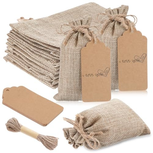 10PCS Hessian Bags 15x10cm Small Burlap Sack Reusable Linen Gift Bags Drawstring with Drawstring and Gift Tags & String for Wedding Favors Party Jewelry Pouches, Christmas, Coffee, DIY Craft Bags